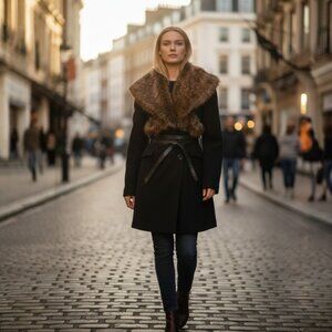 Women's Coats Faux Fur DESIGNER FORLEY/CORINNA FAUX FUR COLLAR BLACK COAT MED